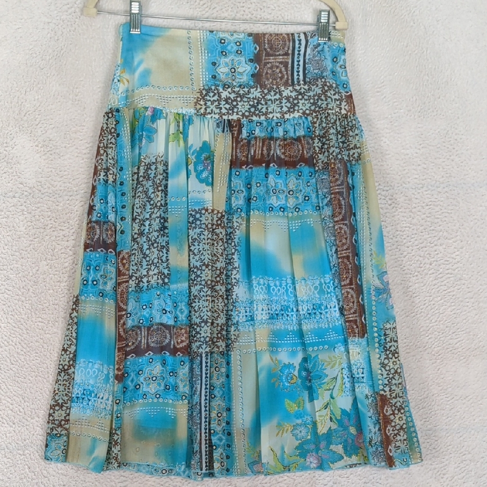 Ninety Women's Blue Y2K High Waist Whimsical Boho Farmhouse Midi Skirt Size M